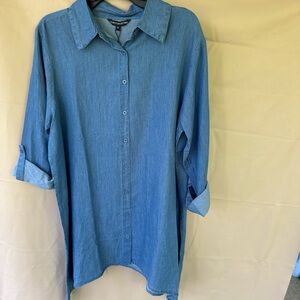 Long Denim Button-Down Shirt - Blue